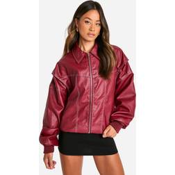 boohoo Tall Pu Contrast Stitch Oversized Bomber Jacket - Red