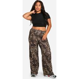 boohoo Plus Leopard Print Jersey Wide Leg Trousers - Brown