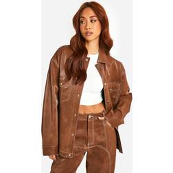 boohoo Contrast Trim Vintage Look Faux Leather Jacket - Brown