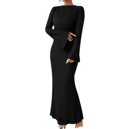 Shein Privé Solid Color Trumpet Sleeve Mermaid Dress - Black