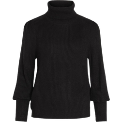 Vila damen strickpullover rollkragen sweater langarm basic ballonärmel vilou neu Schwarz