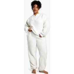 boohoo Plus Rib Fleece Half Zip And Jogger Lounge Set - White