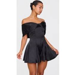 PrettyLittleThing Premium Satin Extreme Bow Detail Playsuit - Black