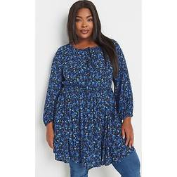 Yours Plus Size Floral Crinkle Tie Neck Blouse - Navy Blue