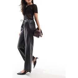 Bershka Faux Leather Tie Waist Wide Leg Trousers - Black