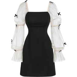 Shein Tween Girl Black Dress With Bowknot Decor, Bubble Sleeves, For Party & School Events, Stylish & Cute, Autumn