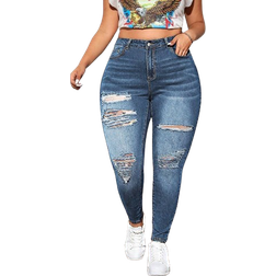 Shein EZwear Plus Size Blue Denim Skinny Jeans With Rips, Casual