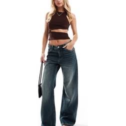 Bershka Petite Baggy Wide Leg Jeans - Mid Wash Blue