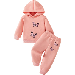 Shein Baby girls cute 2 pieces outfit set made of fleece hoodie sweatshirt with butterfly pattern and pants, casual models for autumn and winter