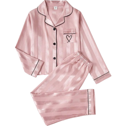 Shein Girls' Pajamas Set: Champagne Striped Long Sleeve Cardigan and Long Pants