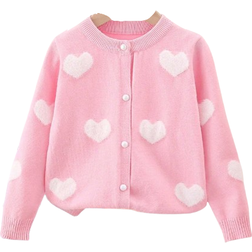 Shein Young Girls' Knitted Cardigan For Spring 2024, Water Mink Love Shaped Jacquard Core Yarn Sweater Coat