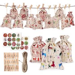 faroot 24Days Hanging Drawstring Candy Bags with Stickers Christmas Adventskalender