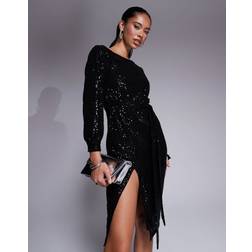 In The Style Sequin Off Shoulder Thigh Split Midi Dress - Black