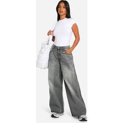 boohoo Womens The Petite Mid Rise Wide Leg Jean - Grey
