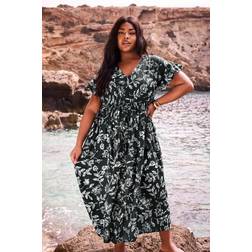 Yours Linen Maxi Dress Dotted Leaf Print - Black