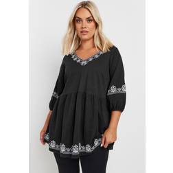 Yours Embroidered Floral Smock Top - Black