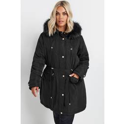 Yours Faux Fur Trim Plush Parka Jacket - Black