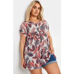 Yours Leaf Print Gathered Waist Tunic Top - Coral