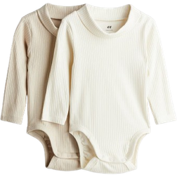 H&M Baby Ribbed Polo Neck Bodysuit 2-pack - Beige/White