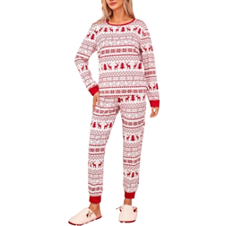 Shein Women's Christmas Pajama Set, Reindeer Fair Isle Print Long Sleeve Loungewear & Pants, Cozy Classic Fair Isle Fabric For Family Gathering, Holiday Photos