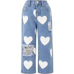 Shein Young Girl Cute Country Style Heart Print White Distressed Jeans, For Vacation