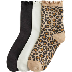 H&M Overlock Detail Socks 3-pack - Beige/Leopard Print