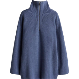 H&M Ladies Zip-top Rib-Knit Jumper - Pigeon Blue