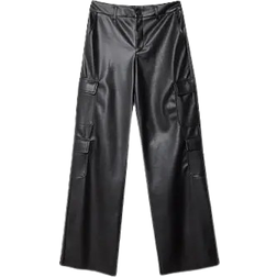 Stradivarius Faux Leather Cargo Trousers - Black