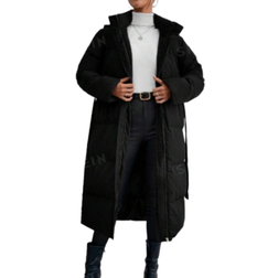 Shein Frenchy Solid Color Hooded Belted Long Black Padded Jacket