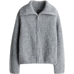 H&M Zip-Through Rib-Knit Cardigan - Light Grey Marl