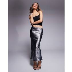 New Look Foil Satin Midi Skirt - Silver