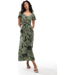 ASOS DESIGN Button Through Midi Tee Dress - Khaki/Black Floral Print