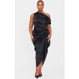 PrettyLittleThing Plus Satin Off The Shoulder Draped Skirt Midi Dress - Black