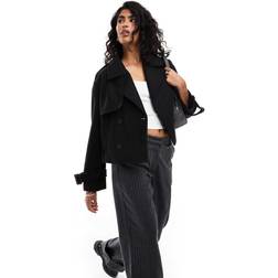 Bershka Cropped Wool Trench Coat - Black