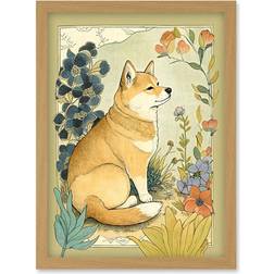 ARTERY8 Dog in Flower Field Wall Print A4 Light Oak Framed Art 21x29.7cm