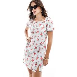 ASOS DESIGN T-shirt Minikjole Med Pufærmer - Blåt/Lyserødt Blomstermønster