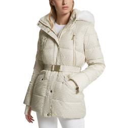 Michael Kors Faux Fur Trim Quilted Belted Puffer Jacket - Bone