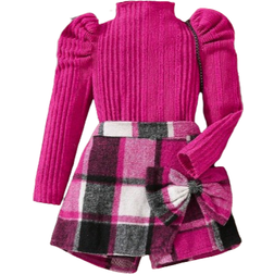 Shein 2pcs/Set Young Girls Casual Puff Sleeve Tops & Bow Plaid Skort, Fashion Outfits