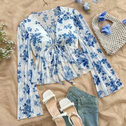 Shein Front Tie Floral Allover Blouse - Print