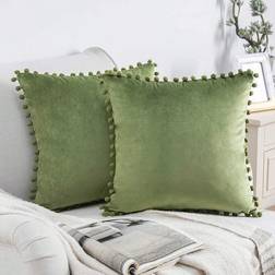 Shein Soft Velvet Fluffy Pom Pom Cushion Cover 18 x 18 Inches Cushion Cover Green (127x76.2cm)
