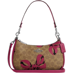 Coach Teri Shoulder Bag In Signature Canvas With Bow Print - Silver/Tan/Pink Multi