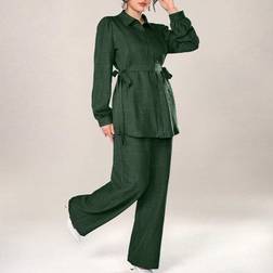 Shein Casual Solid Color Long Sleeve Tie Shirt And Pants Set - Autumn