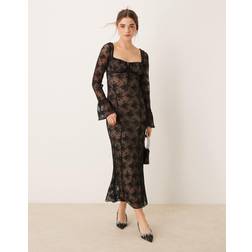 Gina Tricot Sheer Lace Maxi Dress with Fluted Sleeves - Black