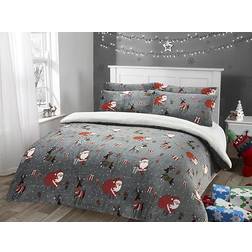 Olivia Rocco Santa Christmas Presents Reversible Teddy Duvet Cover Grey (200x135cm)