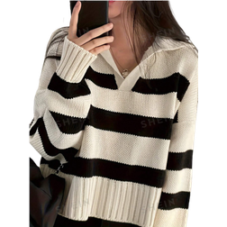 Shein Essnce Casual Striped Contrast Color Fold Over Collar Sweater Fall/Winter