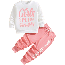 Shein Young Girl Letter Printed Crew Neck Sweatshirt And Pants Set