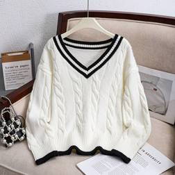 Shein Tween Girl V-Neck Striped Cable Knit Sweater - White/Black