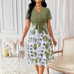 Shein Floral Print Overlap V-Neck Dress - Elegant