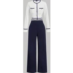 Shein Women's Round Neck Contrast Trim Long Sleeve Top - Casual Pants Suit