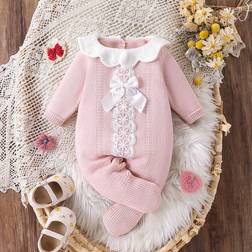 Shein Ruffled Collar Knitted Long Sleeve Sweater Romper - Pink/Light Pink